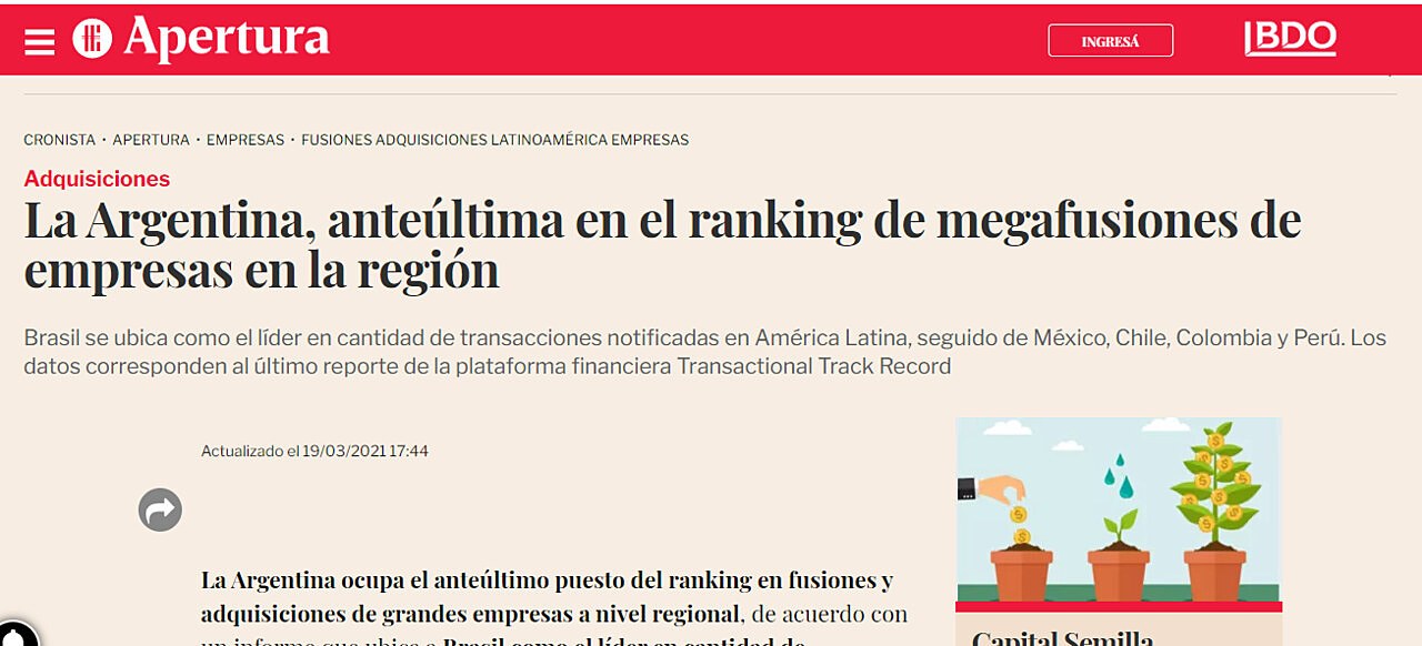 La Argentina, anteltima en el ranking de megafusiones de empresas en la regin